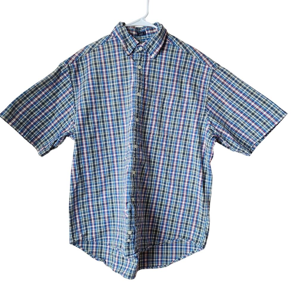 Dockers Shirt Mens Size Large Short Sleeve Button Down Up Plaid Blue Red Green